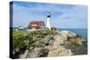 Portland, Maine, USA Famous Head Light lighthouse on rocky cliff.-Bill Bachmann-Stretched Canvas