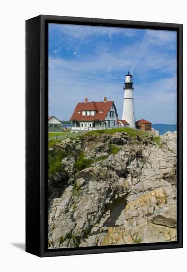 Portland, Maine, USA Famous Head Light lighthouse on rocky cliff.-Bill Bachmann-Framed Stretched Canvas