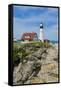 Portland, Maine, USA Famous Head Light lighthouse on rocky cliff.-Bill Bachmann-Framed Stretched Canvas