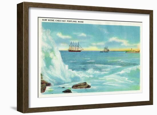 Portland, Maine - View of a Surf Scene, Ships on Casco Bay-Lantern Press-Framed Art Print