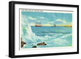 Portland, Maine - View of a Surf Scene, Ships on Casco Bay-Lantern Press-Framed Art Print