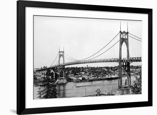 Portland, OR View of St. John Bridge over Columbia Photograph - Portland, OR-Lantern Press-Framed Premium Giclee Print