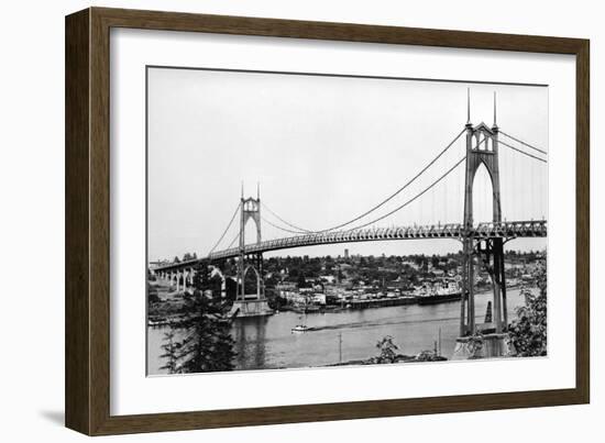 Portland, OR View of St. John Bridge over Columbia Photograph - Portland, OR-Lantern Press-Framed Art Print