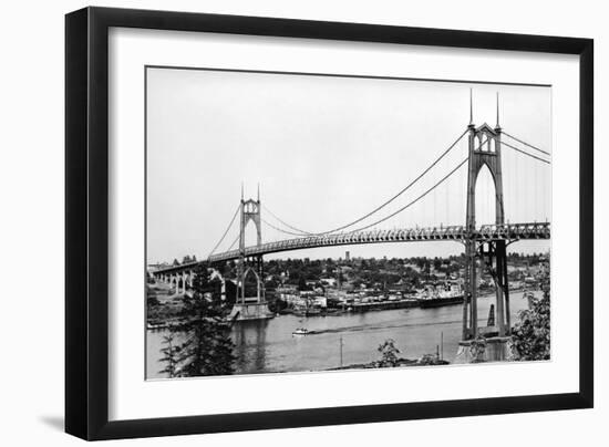 Portland, OR View of St. John Bridge over Columbia Photograph - Portland, OR-Lantern Press-Framed Art Print