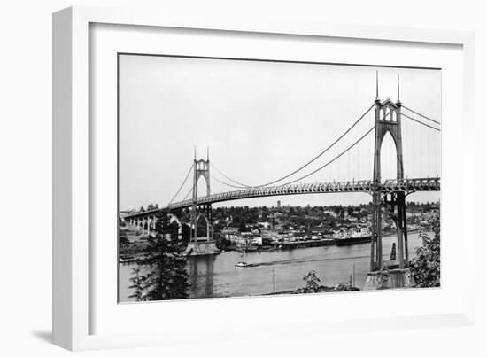 Portland, OR View of St. John Bridge over Columbia Photograph - Portland, OR-Lantern Press-Framed Art Print