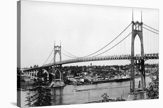 Portland, OR View of St. John Bridge over Columbia Photograph - Portland, OR-Lantern Press-Stretched Canvas