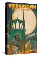 Portland, Oregon - Bridgetown and Full Moon-Lantern Press-Stretched Canvas