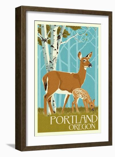Portland, Oregon - Deer and Fawn-Lantern Press-Framed Art Print