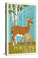 Portland, Oregon - Deer and Fawn-Lantern Press-Stretched Canvas