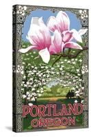 Portland, Oregon - Garden and Magnolia Scene-Lantern Press-Stretched Canvas