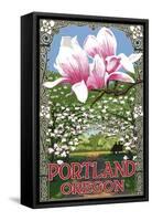 Portland, Oregon - Garden and Magnolia Scene-Lantern Press-Framed Stretched Canvas