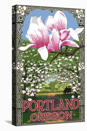 Portland, Oregon - Garden and Magnolia Scene-Lantern Press-Stretched Canvas