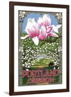 Portland, Oregon - Garden and Magnolia Scene-Lantern Press-Framed Art Print