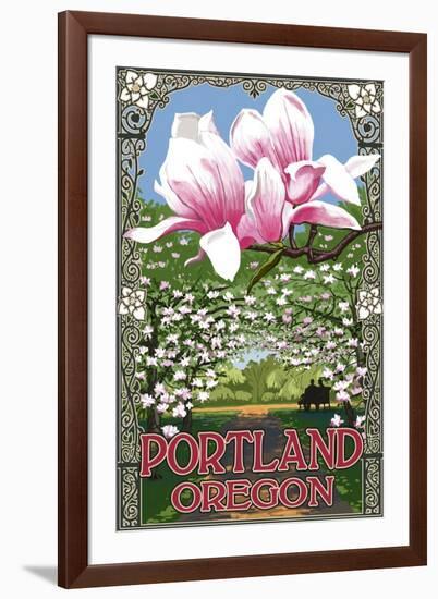 Portland, Oregon - Garden and Magnolia Scene-Lantern Press-Framed Art Print