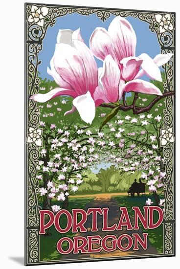Portland, Oregon - Garden and Magnolia Scene-Lantern Press-Mounted Art Print