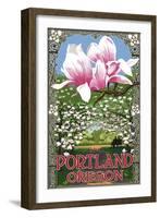 Portland, Oregon - Garden and Magnolia Scene-Lantern Press-Framed Art Print