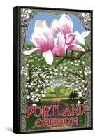 Portland, Oregon - Garden and Magnolia Scene-Lantern Press-Framed Stretched Canvas