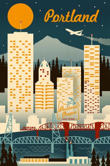 Portland  Oregon - Retro Skyline-null-Framed Art Print