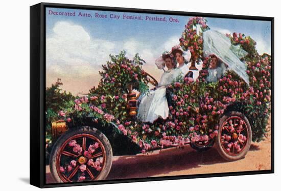 Portland, Oregon - Rose City Festival Decorated Auto with Ladies-Lantern Press-Framed Stretched Canvas