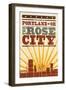 Portland, Oregon - Skyline and Sunburst Screenprint Style-Lantern Press-Framed Art Print