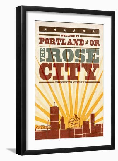 Portland, Oregon - Skyline and Sunburst Screenprint Style-Lantern Press-Framed Art Print