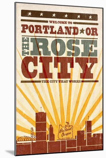 Portland, Oregon - Skyline and Sunburst Screenprint Style-Lantern Press-Mounted Art Print