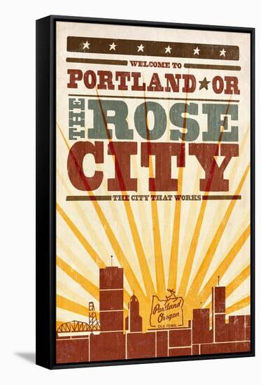 Portland, Oregon - Skyline and Sunburst Screenprint Style-Lantern Press-Framed Stretched Canvas