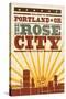 Portland, Oregon - Skyline and Sunburst Screenprint Style-Lantern Press-Stretched Canvas