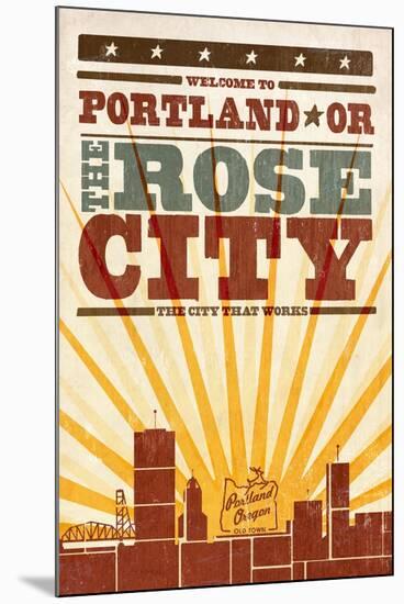 Portland, Oregon - Skyline and Sunburst Screenprint Style-Lantern Press-Mounted Art Print