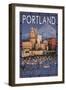 Portland, Oregon - Skyline at Night, c.2009-Lantern Press-Framed Art Print