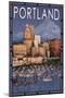 Portland, Oregon - Skyline at Night, c.2009-Lantern Press-Mounted Art Print