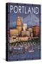 Portland, Oregon - Skyline at Night, c.2009-Lantern Press-Stretched Canvas