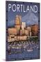 Portland, Oregon - Skyline at Night, c.2009-Lantern Press-Mounted Art Print