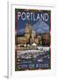 Portland, Oregon - Skyline at Night - Christmas Version-Lantern Press-Framed Art Print