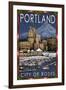 Portland, Oregon - Skyline at Night - Christmas Version-Lantern Press-Framed Art Print