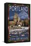 Portland, Oregon - Skyline at Night - Christmas Version-Lantern Press-Framed Stretched Canvas