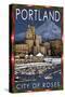 Portland, Oregon - Skyline at Night - Christmas Version-Lantern Press-Stretched Canvas