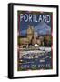 Portland, Oregon - Skyline at Night - Christmas Version-Lantern Press-Framed Art Print