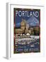 Portland, Oregon - Skyline at Night - Christmas Version-Lantern Press-Framed Art Print