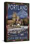 Portland, Oregon - Skyline at Night - Christmas Version-Lantern Press-Framed Stretched Canvas