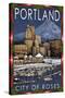 Portland, Oregon - Skyline at Night - Christmas Version-Lantern Press-Stretched Canvas