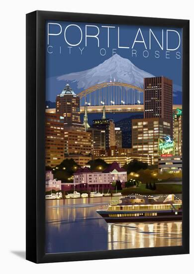 Portland, Oregon - Skyline at Night-null-Framed Poster