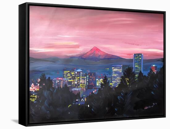 Portland Oregon with Mt Hood at Sunset-Markus Bleichner-Framed Stretched Canvas