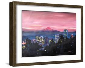 Portland Oregon with Mt Hood at Sunset-Markus Bleichner-Framed Art Print