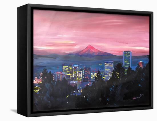 Portland Oregon with Mt Hood at Sunset-Markus Bleichner-Framed Stretched Canvas