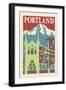 Portland, Oregon - Woodblock-Lantern Press-Framed Art Print