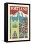 Portland, Oregon - Woodblock-Lantern Press-Framed Stretched Canvas