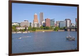 Portland skyline and rowing boats in morning light, Multnomah County, Oregon, USA-null-Framed Photographic Print