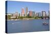 Portland skyline and rowing boats in morning light, Multnomah County, Oregon, USA-null-Stretched Canvas