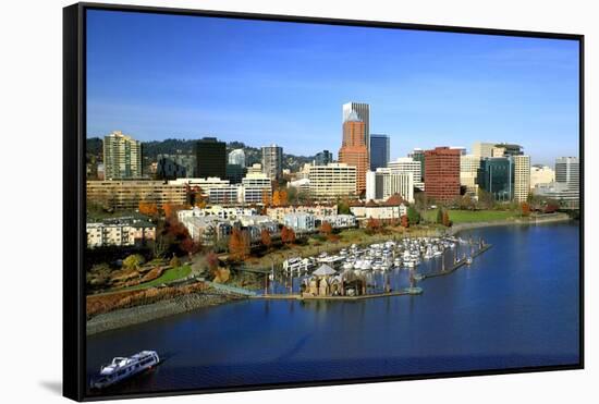 Portland Skyline & Willamette River-Steve Terrill-Framed Stretched Canvas